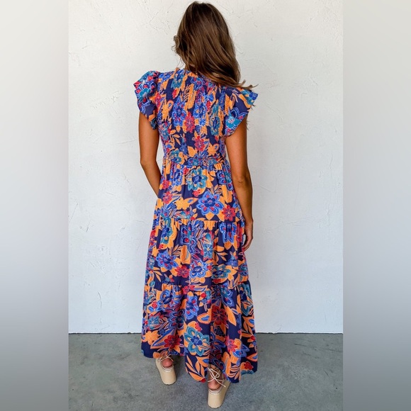 Dark Blue Boho Floral V Neck Ruffle Tiered Long Dress NWT - Picture 2 of 5